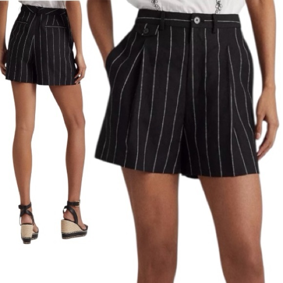 Lauren Ralph Lauren Linen Black Pinstripe Pleated Shorts LRL - Women’s 12 NWT - Picture 12 of 15